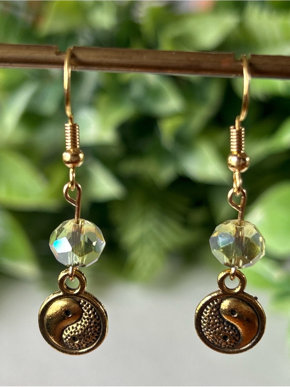 Handmade Gold and green yin yang earrings w AB crystal